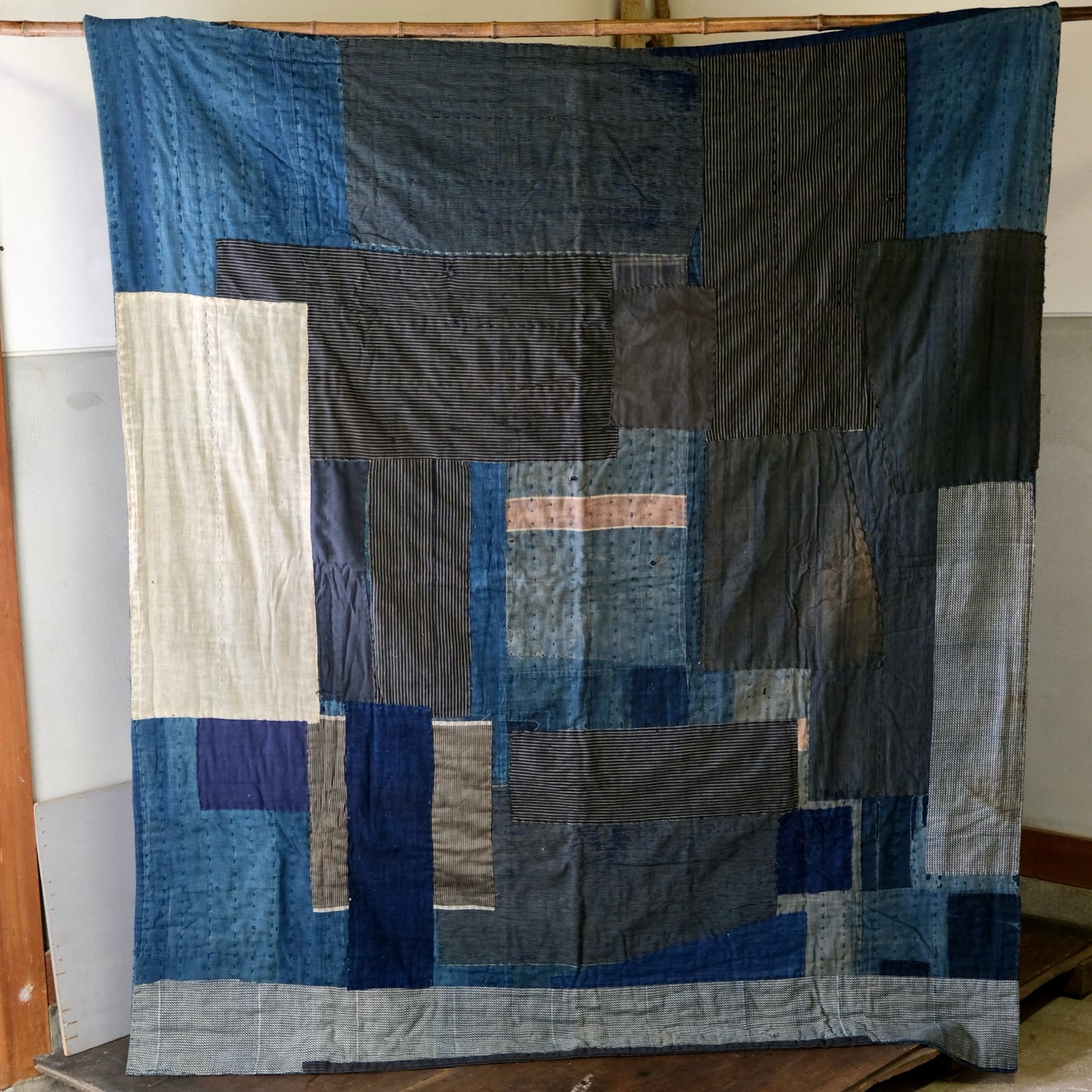 Vintage Japanese  Boro Sashiko Rug Rare Antique aizome (b-50)