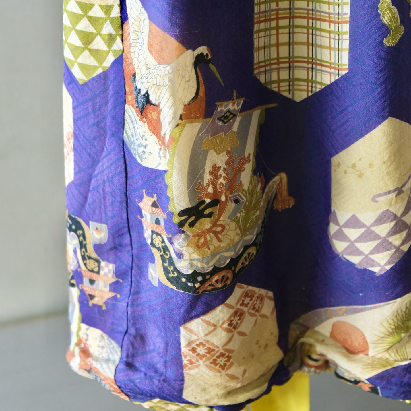 Vintage Japanese Children's Silk Kimono - Lucky Charms & Auspicious Motifs (Crane, Treasure Ship, Fan) (b-41)