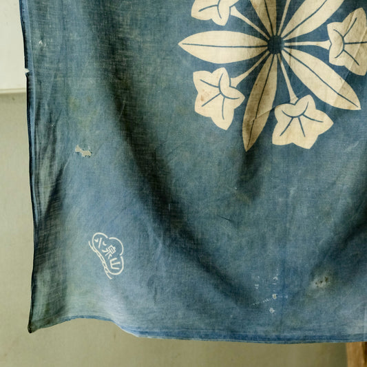 Vintage Japanese Furoshiki family crest indigo dyed cotton textile tapestry Japanese bellflower(b-52)