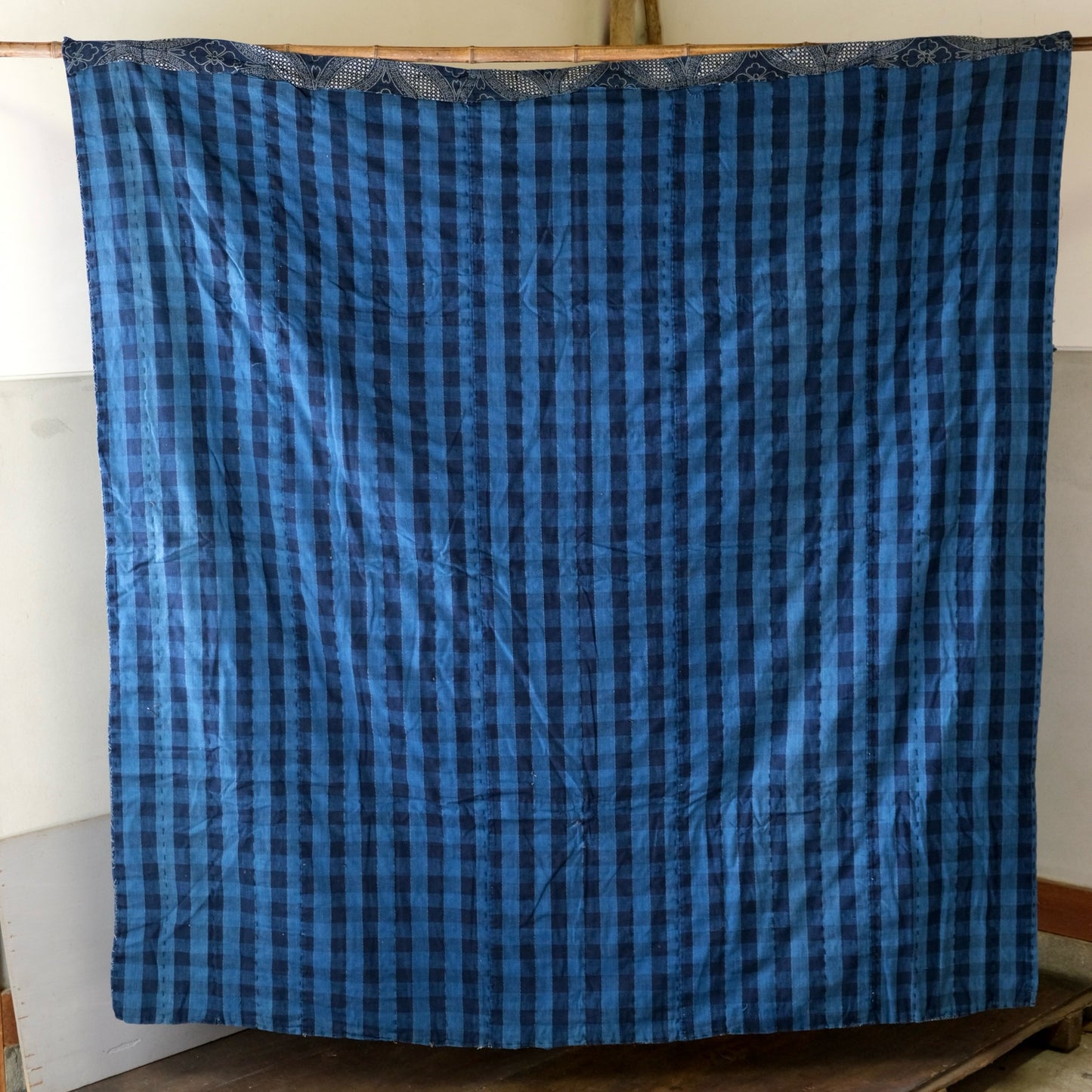 Vintage Japanese Katazome Indigo aizome Rug sashiko- Fine Geometric Pattern & Crisp White Contrast(b-48)