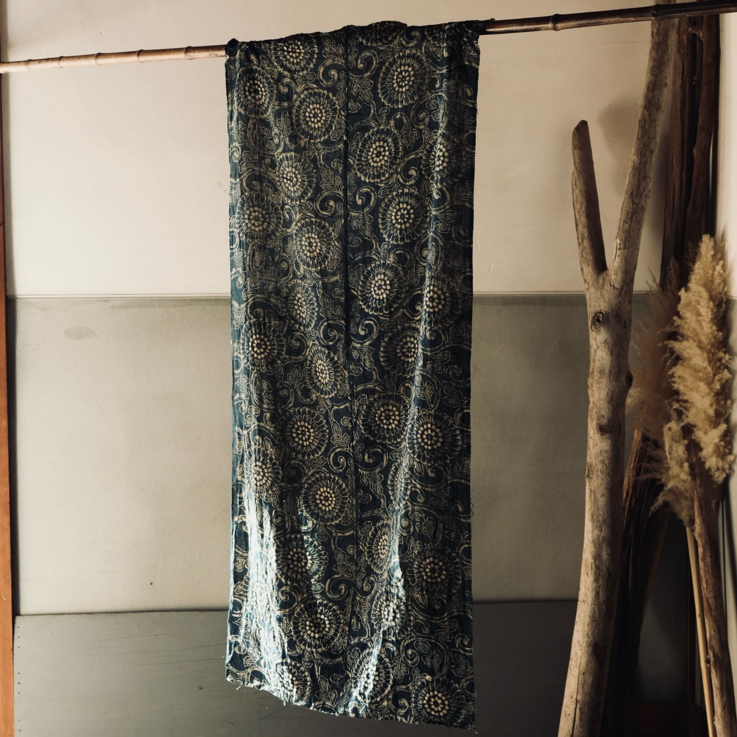 Vintage Japanese indigo dyed katazome chrysanthemum flower textile