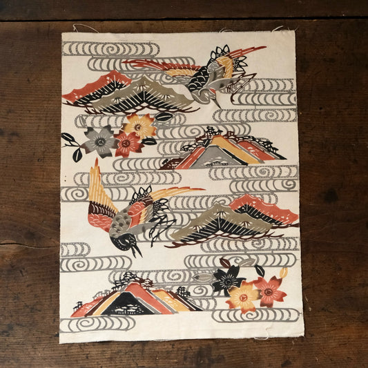 Vintage Japanese kimono silk textile Ryukyu Bingata Okinawa cranes, pine trees, cherry blossoms, mountains (b-36)