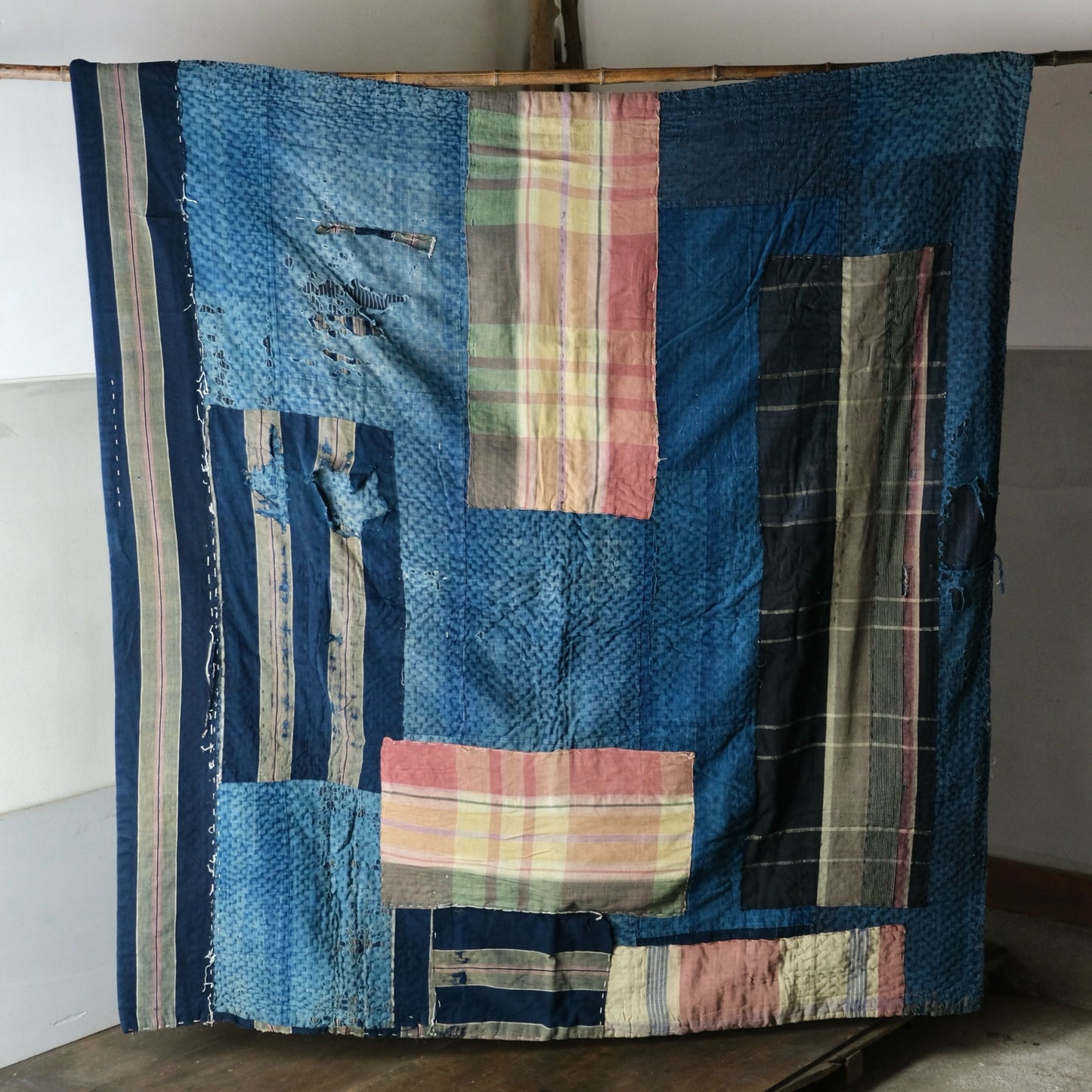 Vintage  Japanese Thick Boro Rug - Reversible Sashiko Patchwork - Wabi-Sabi "Melting" Indigo Textile Art(b-44)