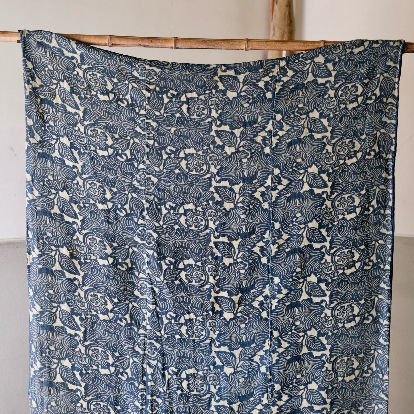 Vintage Japanese Katazome Hemp(Asa) Textile Rug(171x90cm) -Peony Motif & Crisp Indigo Dye Art Rug(b-4)