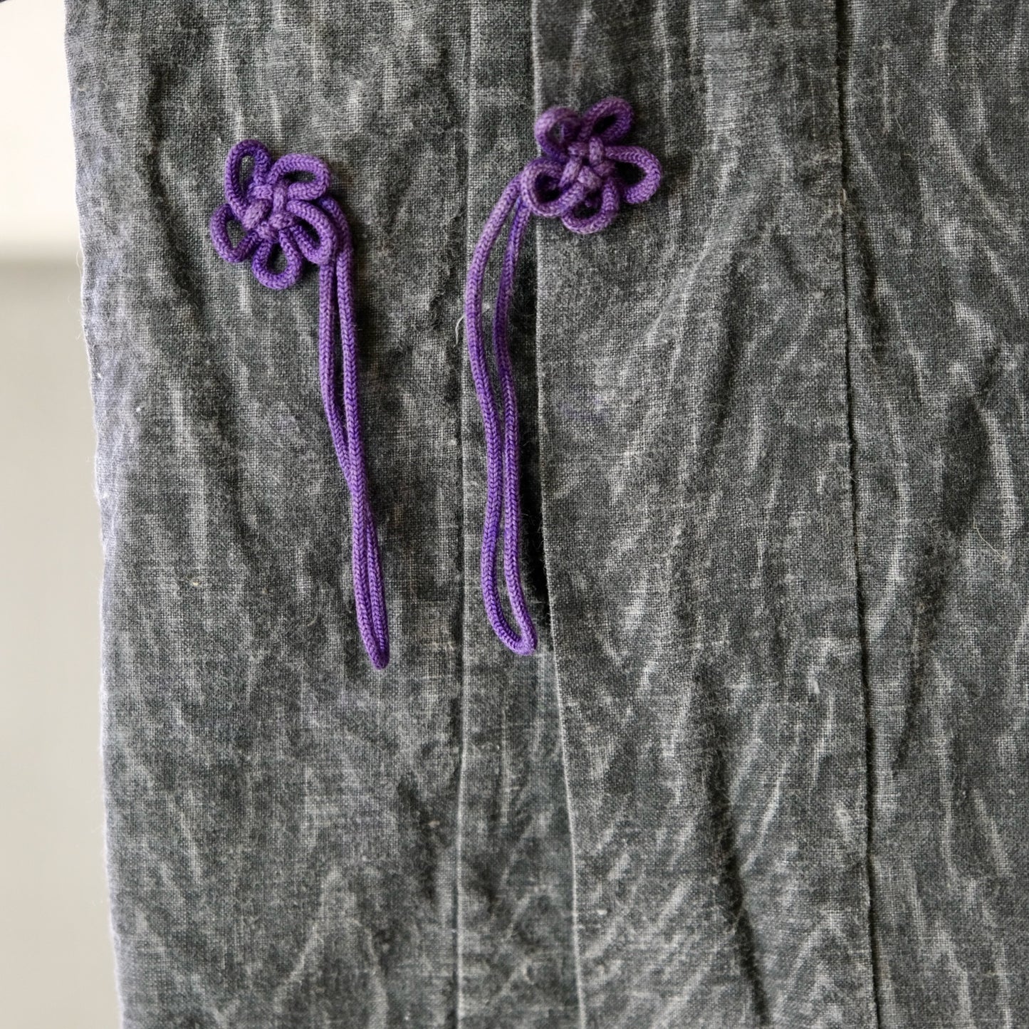 Vintage Japanese Infant's Cotton Haori/Hifu Jacket (100+ Yrs) - Wabi-Sabi Gray with Purple Floral Kumihimo - Flat Textile Wall Art(b-43)