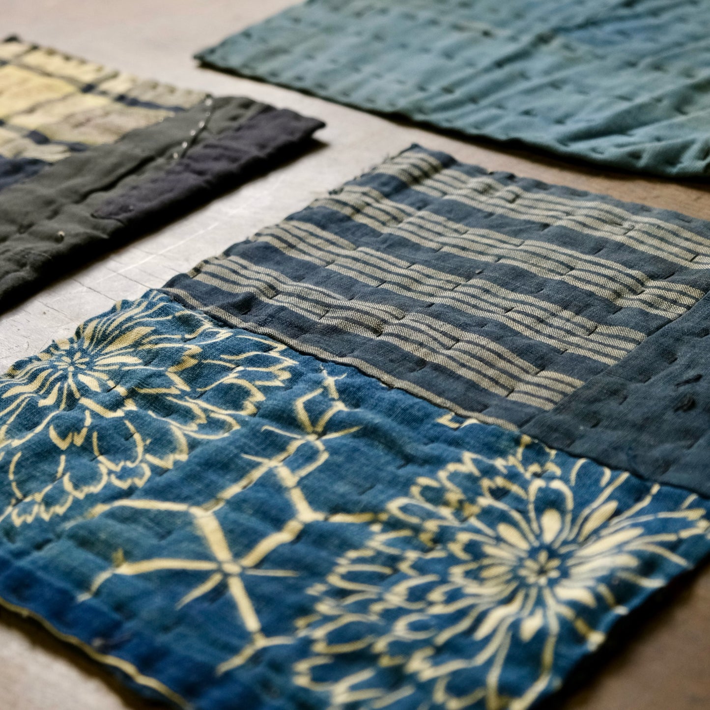 Vintage Japanese Boro Sashiko Mini Rug 3-Piece Set – Indigo Aizome Textile Art, Rustic Wabi-Sabi Decor (b-40)