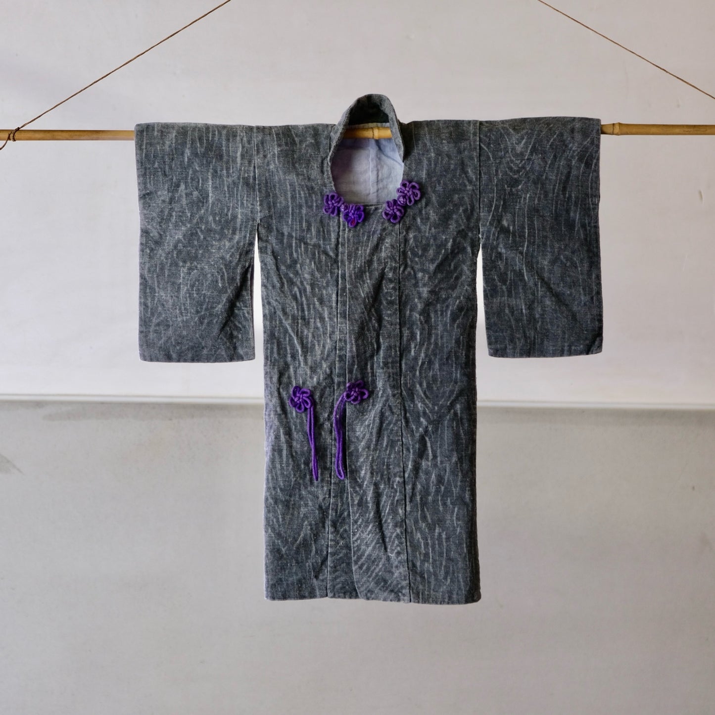 Vintage Japanese Infant's Cotton Haori/Hifu Jacket (100+ Yrs) - Wabi-Sabi Gray with Purple Floral Kumihimo - Flat Textile Wall Art(b-43)
