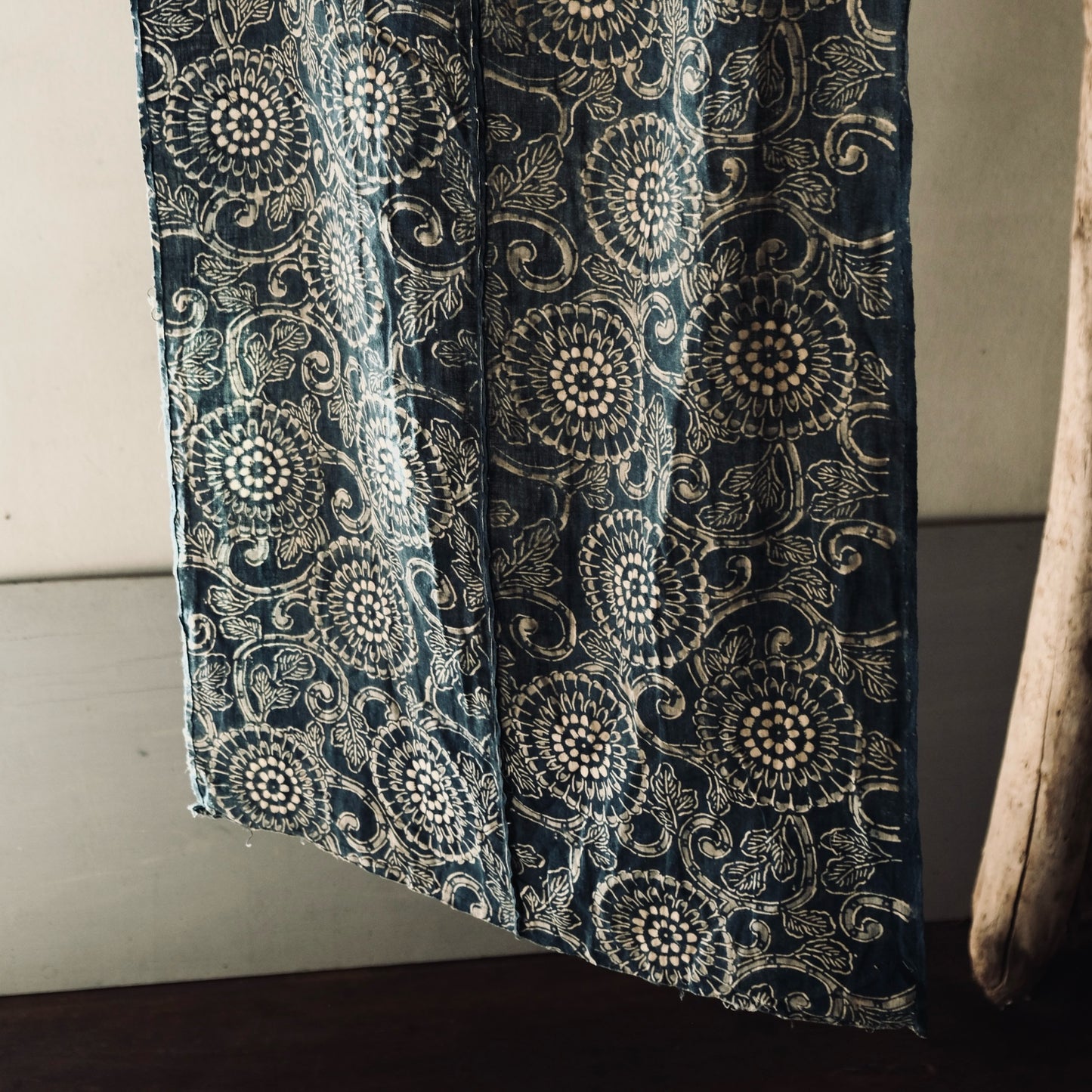 Vintage Japanese indigo dyed katazome chrysanthemum flower textile