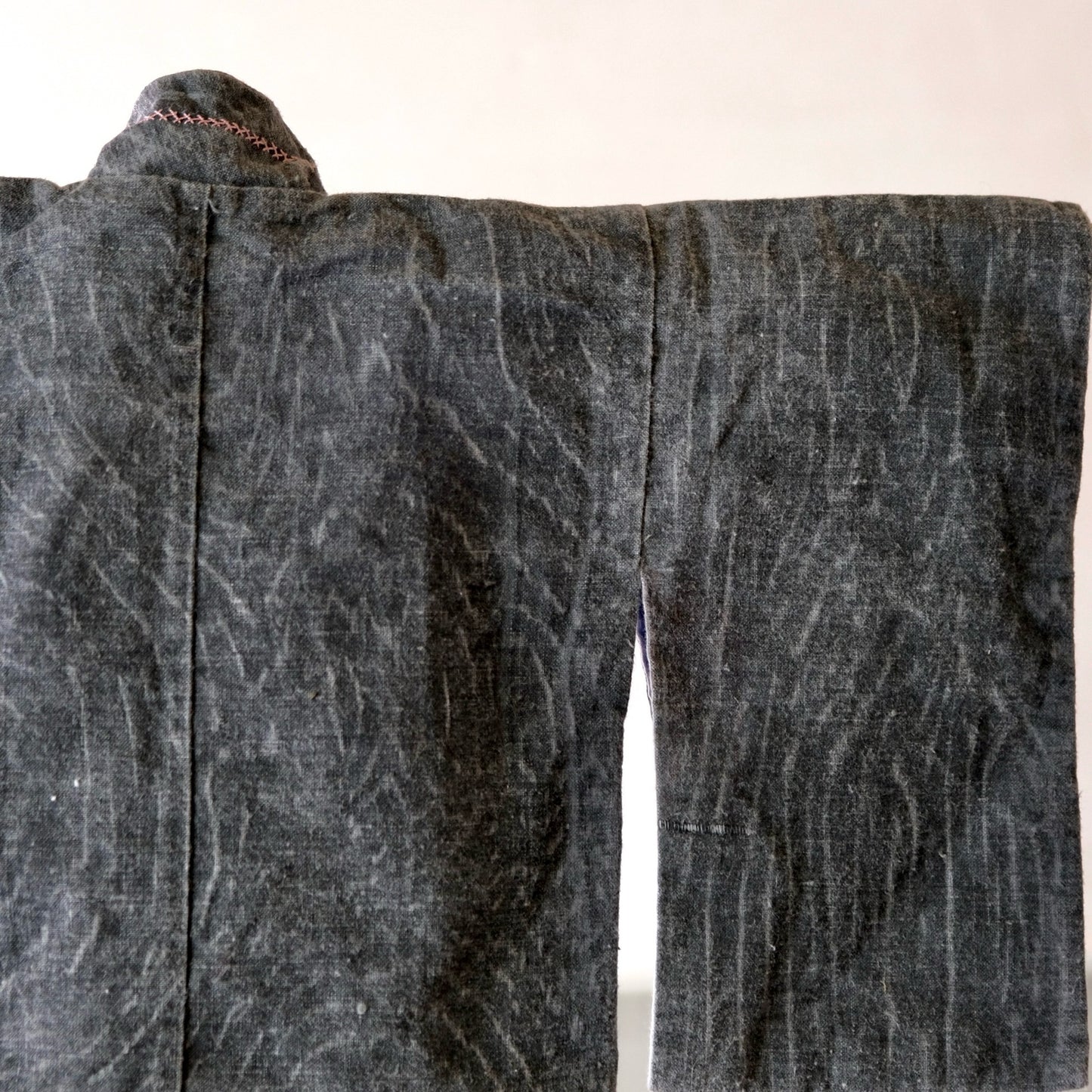Vintage Japanese Infant's Cotton Haori/Hifu Jacket (100+ Yrs) - Wabi-Sabi Gray with Purple Floral Kumihimo - Flat Textile Wall Art(b-43)