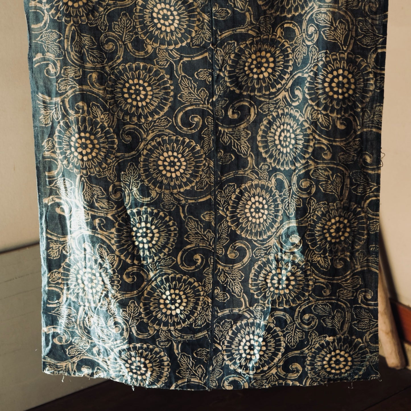 Vintage Japanese indigo dyed katazome chrysanthemum flower textile