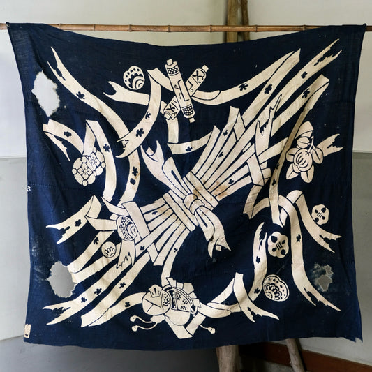 Antique Japanese Tsutsugaki Indigo Furoshiki textile(100+ Yrs) Vintage(b-47)