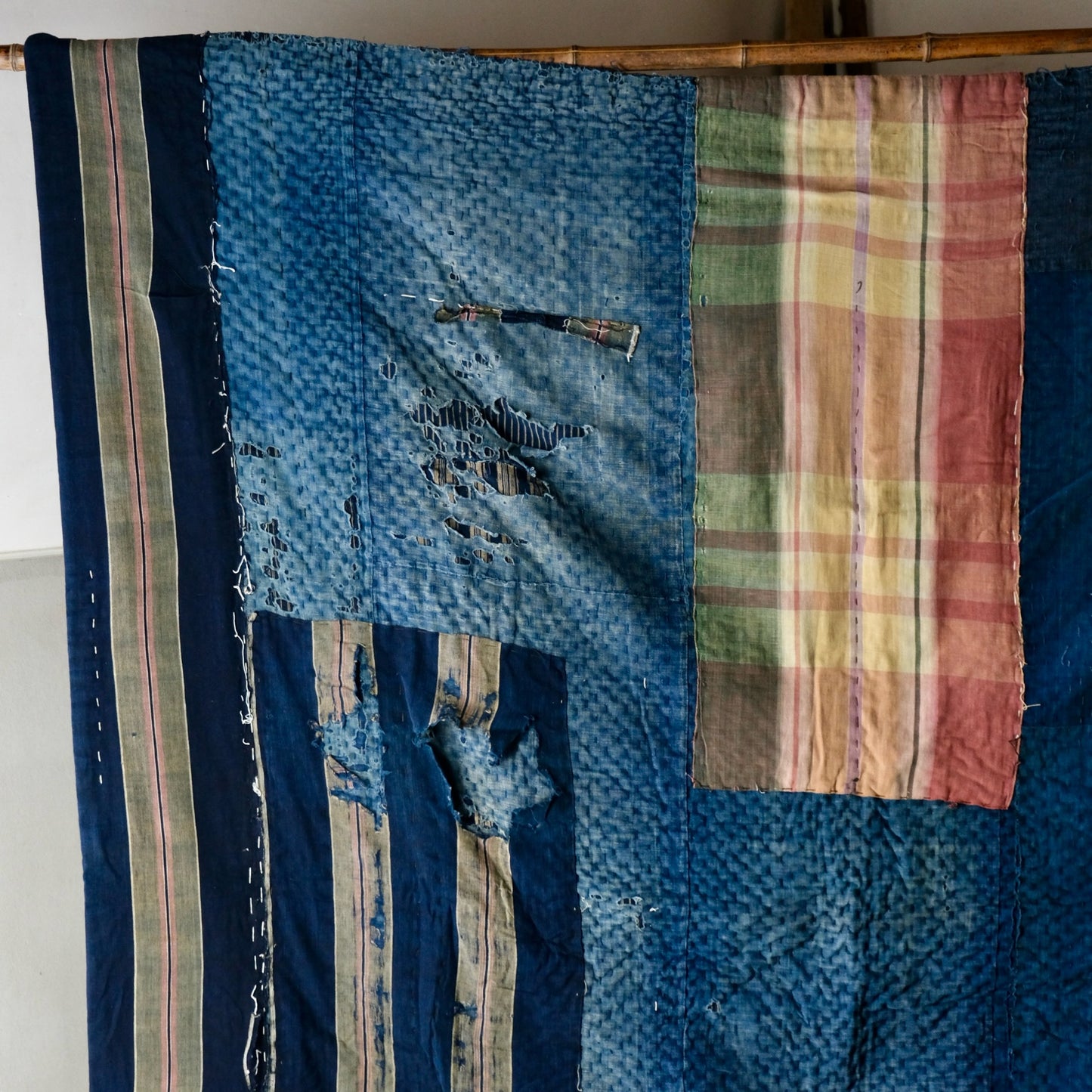 Vintage  Japanese Thick Boro Rug - Reversible Sashiko Patchwork - Wabi-Sabi "Melting" Indigo Textile Art(b-44)