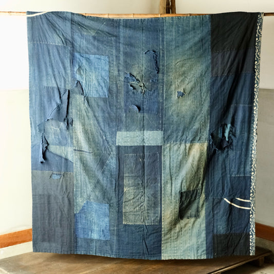 Vintage Japanese boro Katazome rug indigo chrysanthemum textile aizome over 100 years reversible sashiko(b-15)