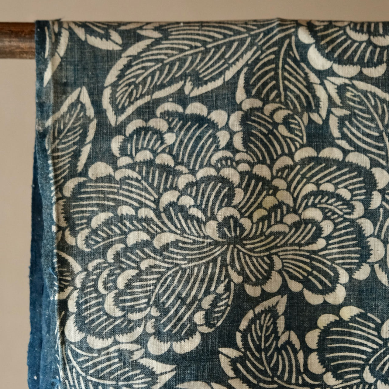 Vintage Japanese Boro Indigo-dyed Katazome Fabric (textile)with Peony pattern