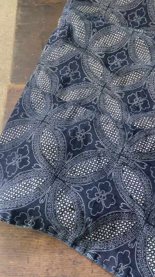 Vintage Japanese Katazome Indigo aizome Rug sashiko- Fine Geometric Pattern & Crisp White Contrast(b-48)