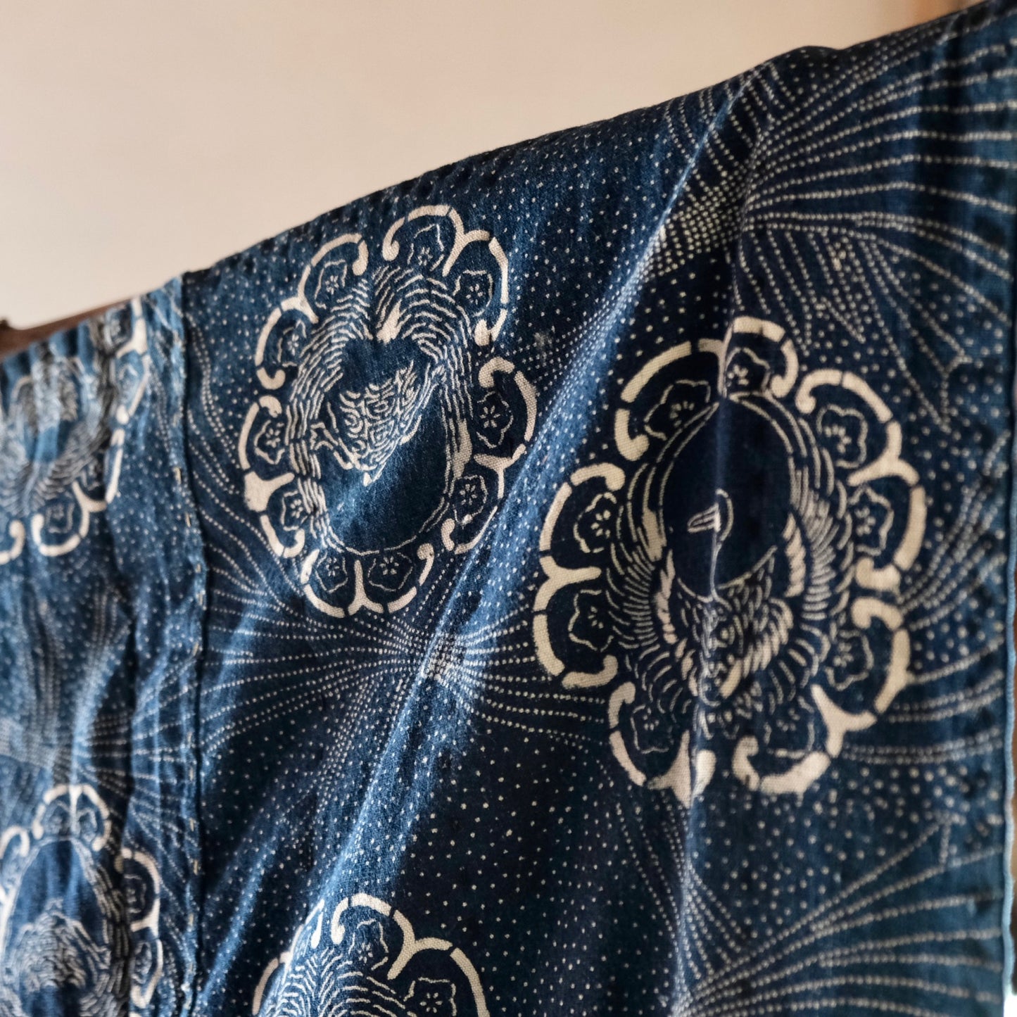 Vintage Japanese indigo-dyed Katazome crane and tortoise rug